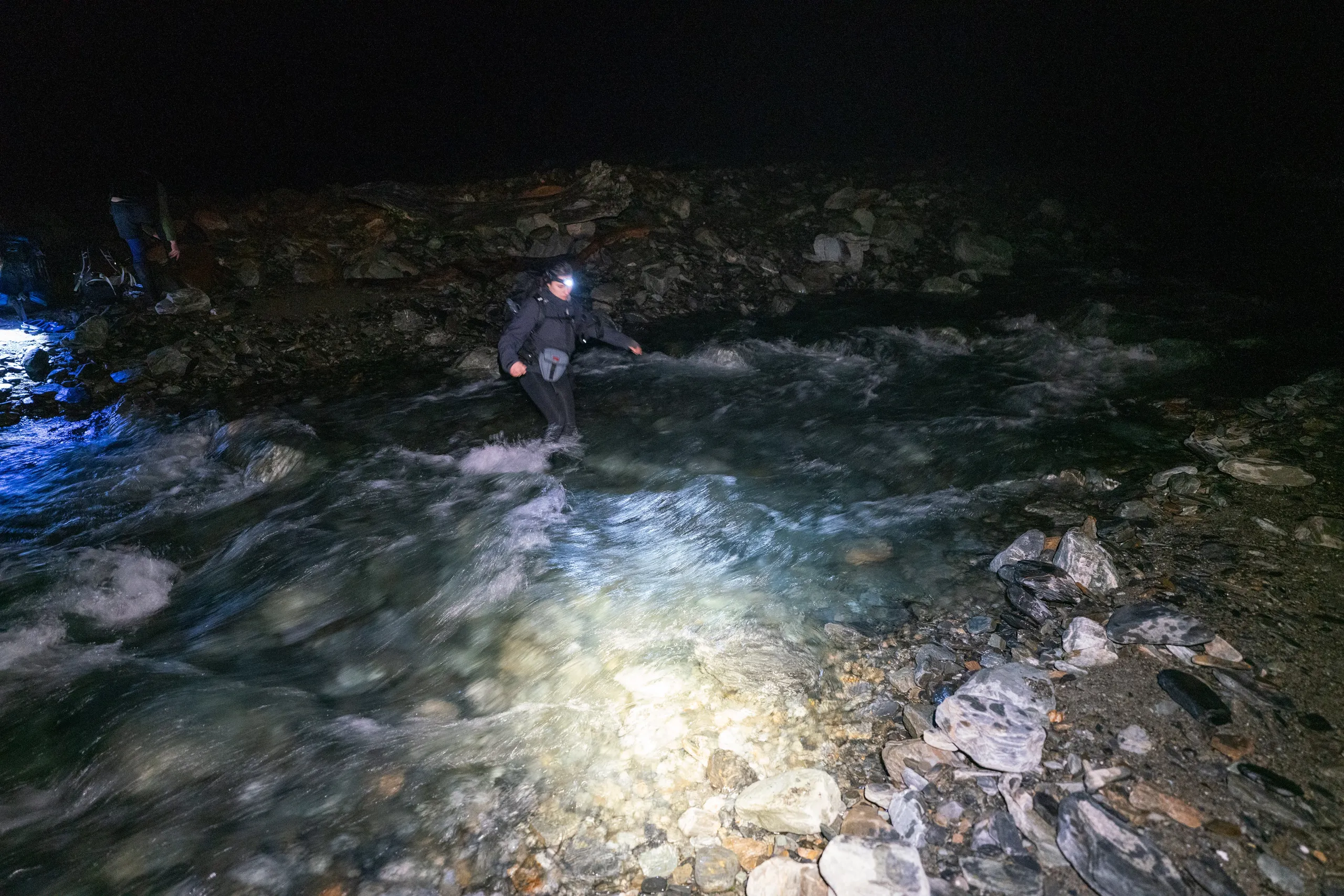 Nighttime crossing of the river just before Dillons Homestead Hut.