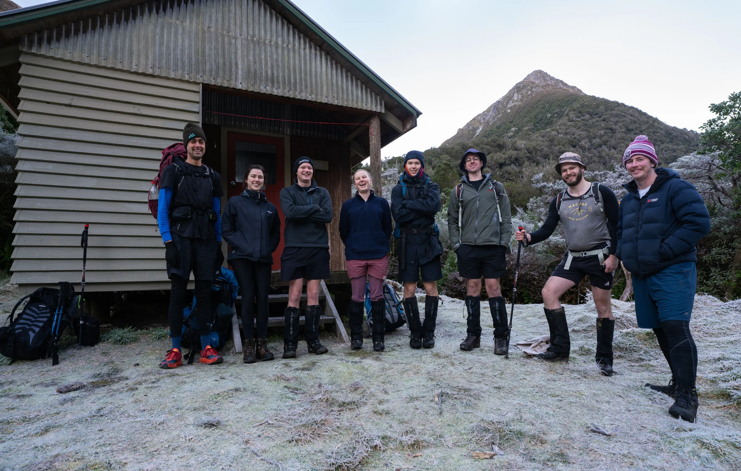 The group ready to depart Julia Hut on a frosty morning