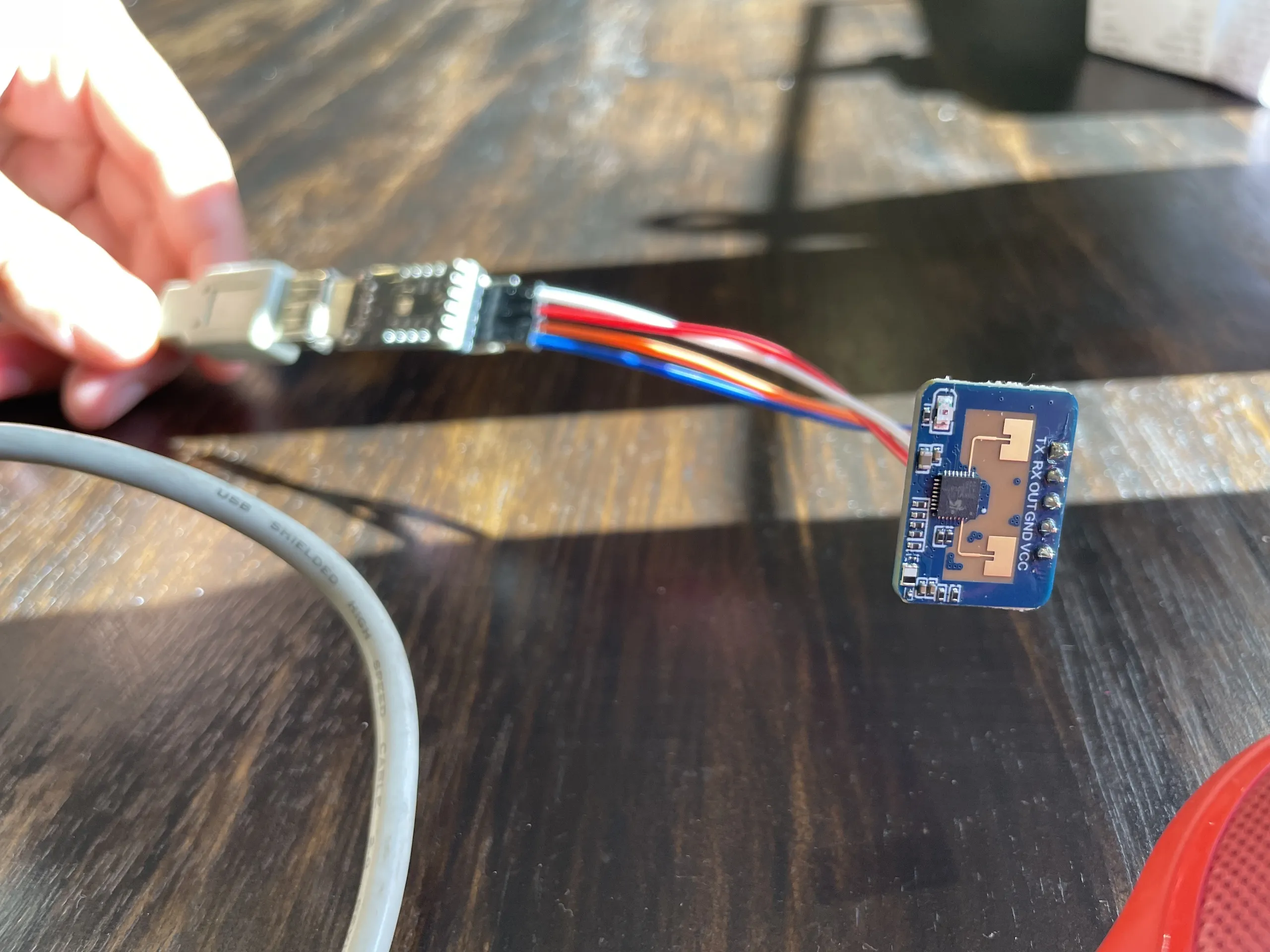 LD2410C sensor connected to serial adapter